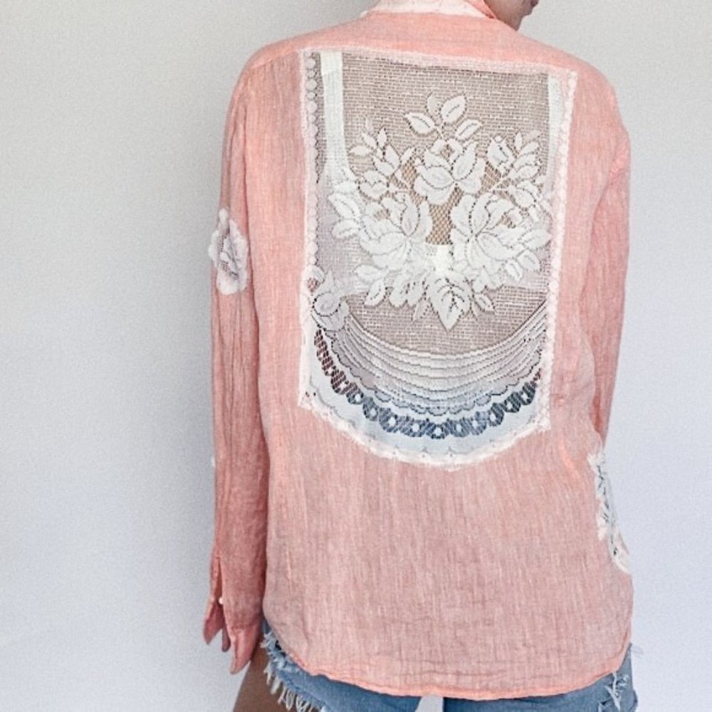 Vintage Orange Linen Floral Lace Button Down Blouse - Picture 6 of 11